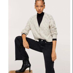 Mango Pearl Button Knitted Cropped Cardigan Light Beige Grey Size Small